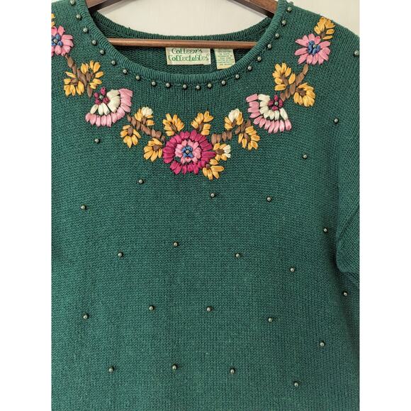 VTG Grandma Sweater Colleens Collectables Size L Green Floral Embroidered Beaded - Picture 2 of 8